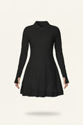 ECUPPER Women Long Sleeve Golf Dress Polo Collared Tennis Dress with Shorts Zip Up Workout Athletic Outfits for Active Sports Black S