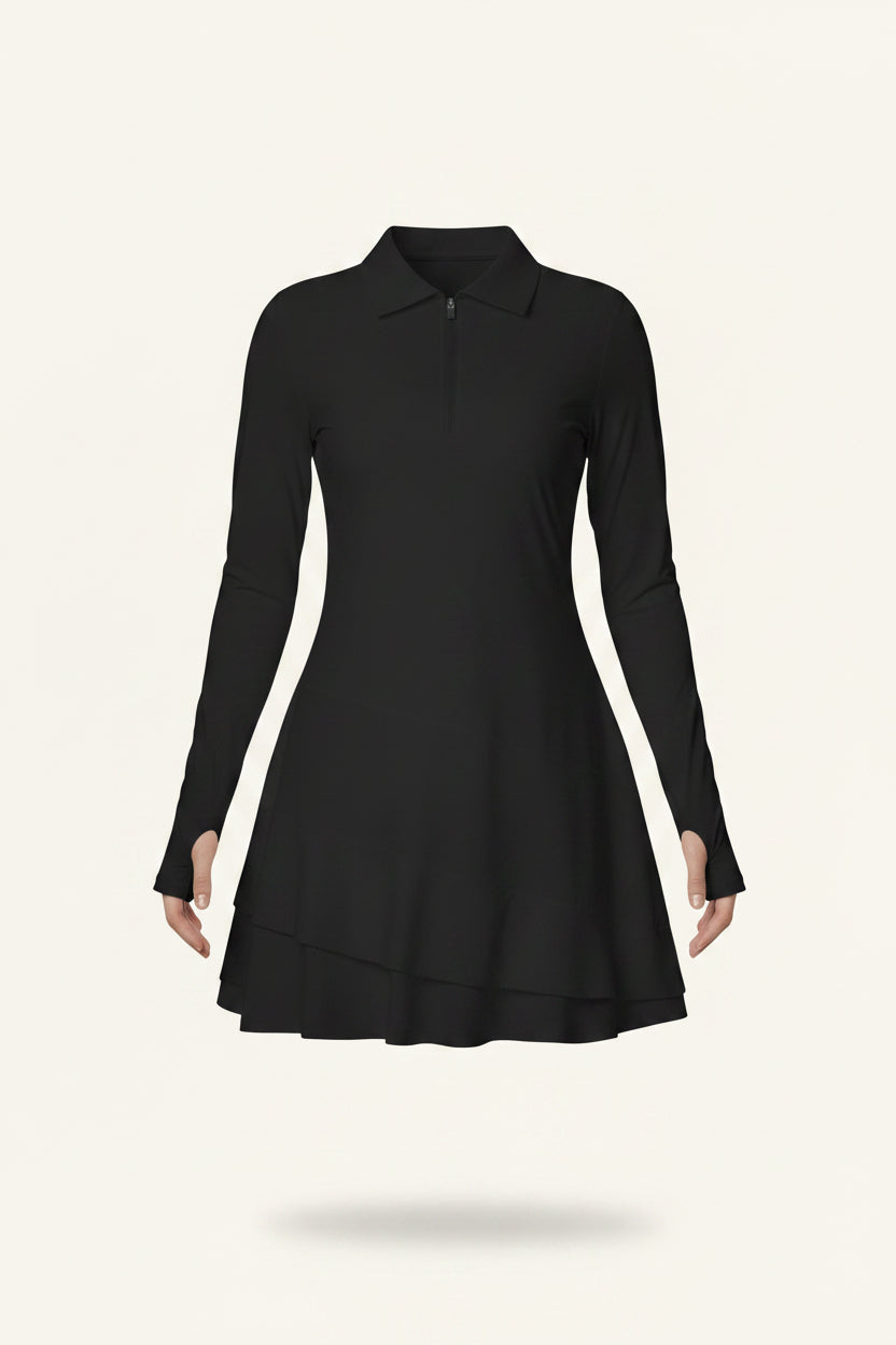 ECUPPER Women Long Sleeve Golf Dress Polo Collared Tennis Dress with Shorts Zip Up Workout Athletic Outfits for Active Sports Black S