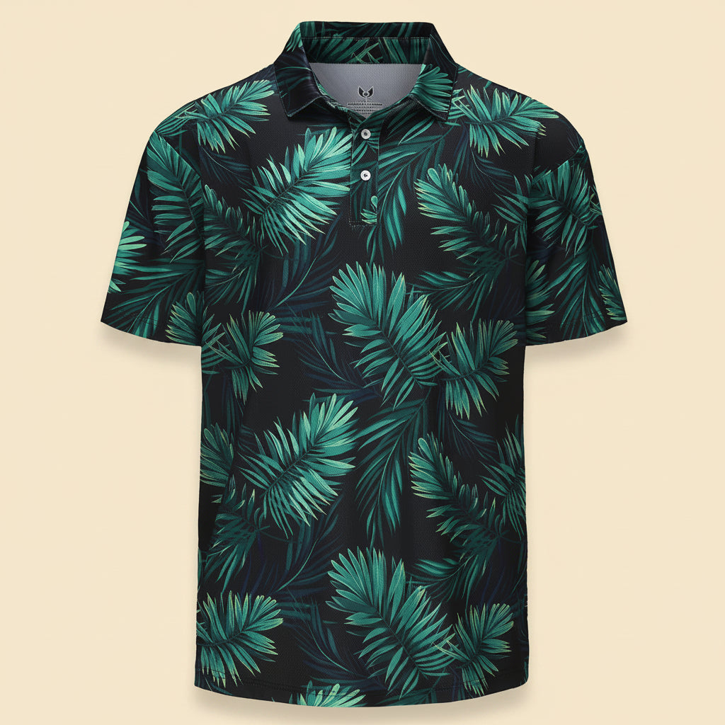 Mens Golf Shirt Moisture Wicking Dry Fit Performance Sport Short Sleeve Striped Golf Polo Shirts for Men(Tropic Palm Leaf#06XL)