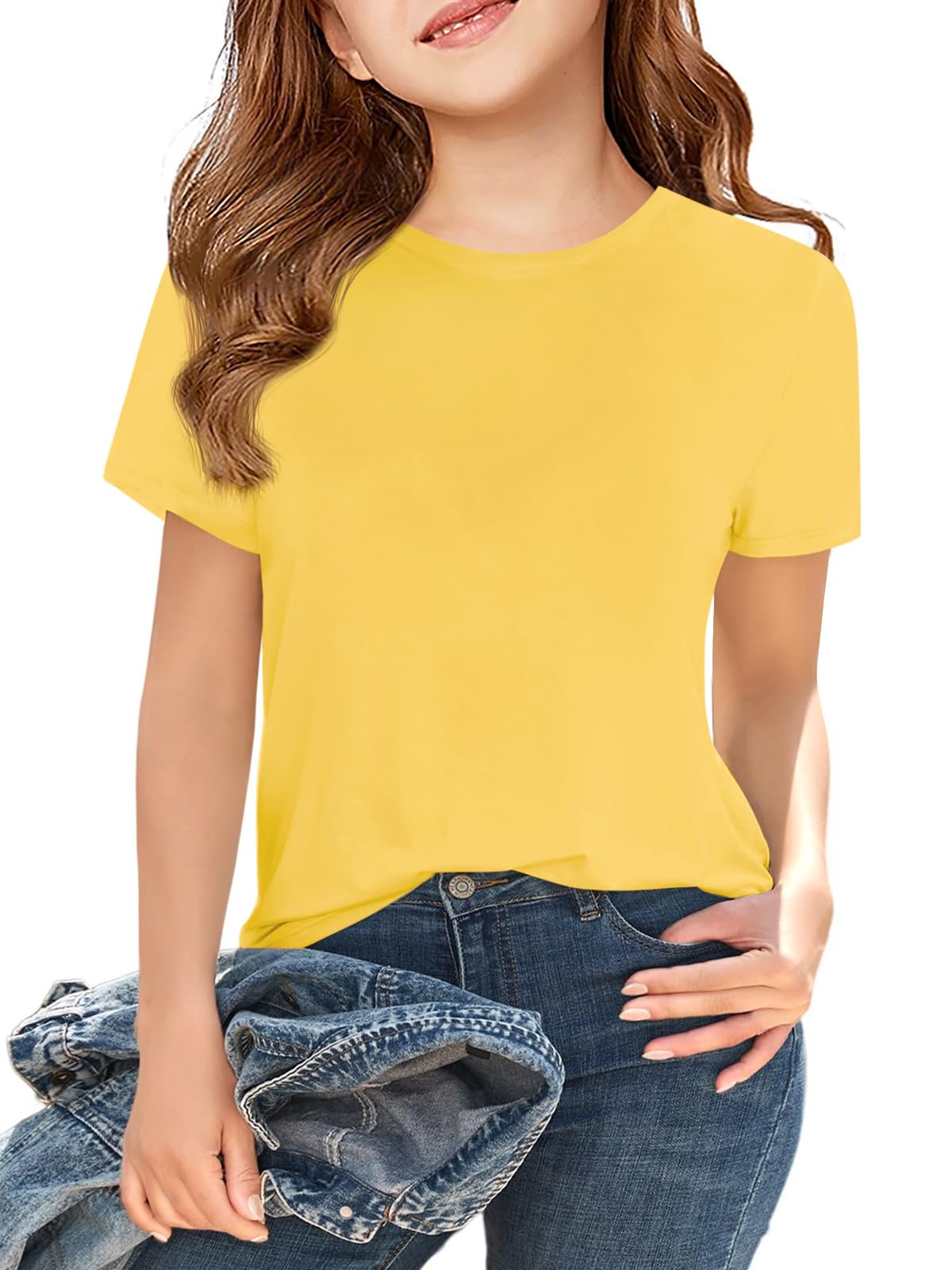 Girls Short Sleeve T Shirts Kids Summer Tops Crewneck Tees 5-14 Years Yellow