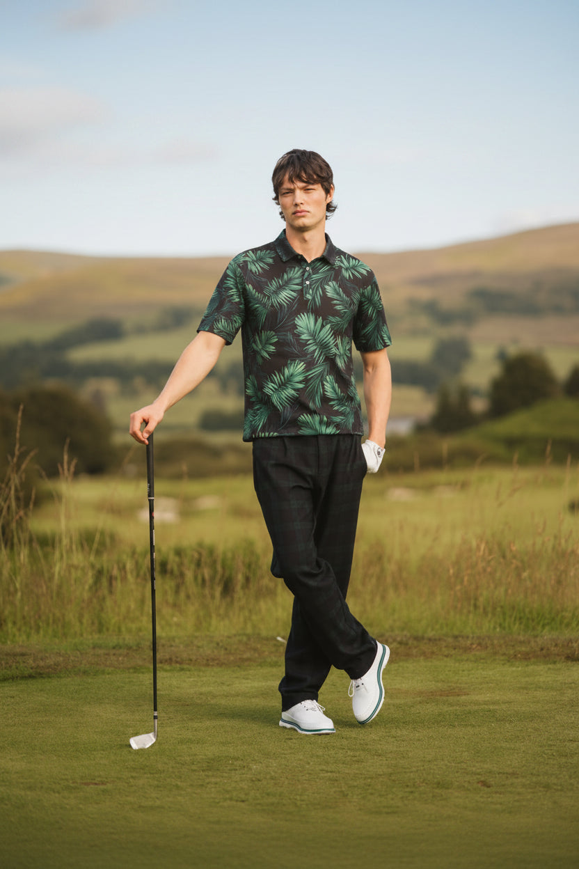 Mens Golf Shirt Moisture Wicking Dry Fit Performance Sport Short Sleeve Striped Golf Polo Shirts for Men(Tropic Palm Leaf#06XL)