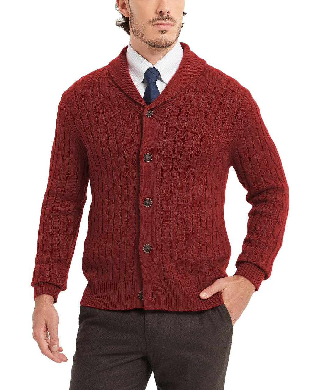 Kallspin Mens Blend Wool Button Down Sweater Cable Knit Cardigan Long Sleeve Shawl Collar Sweater(Santa Red3XL)