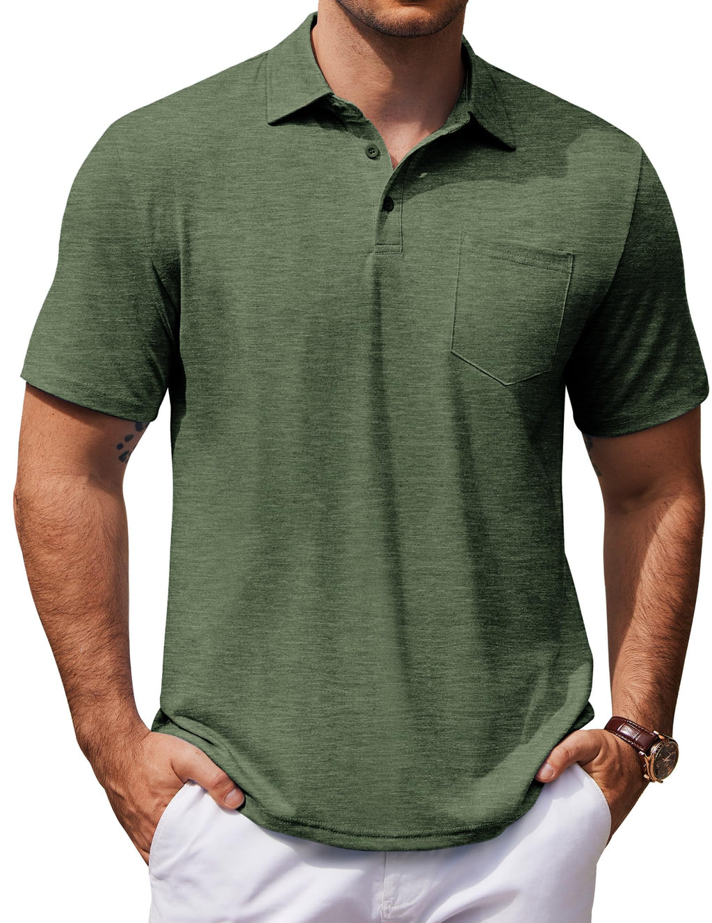 COOFANDY Mens Knit Polo Casual Short Sleeve Polo Shirts Dress Classic Polo Collared Shirts Big and Tall Golf Polos Army Green