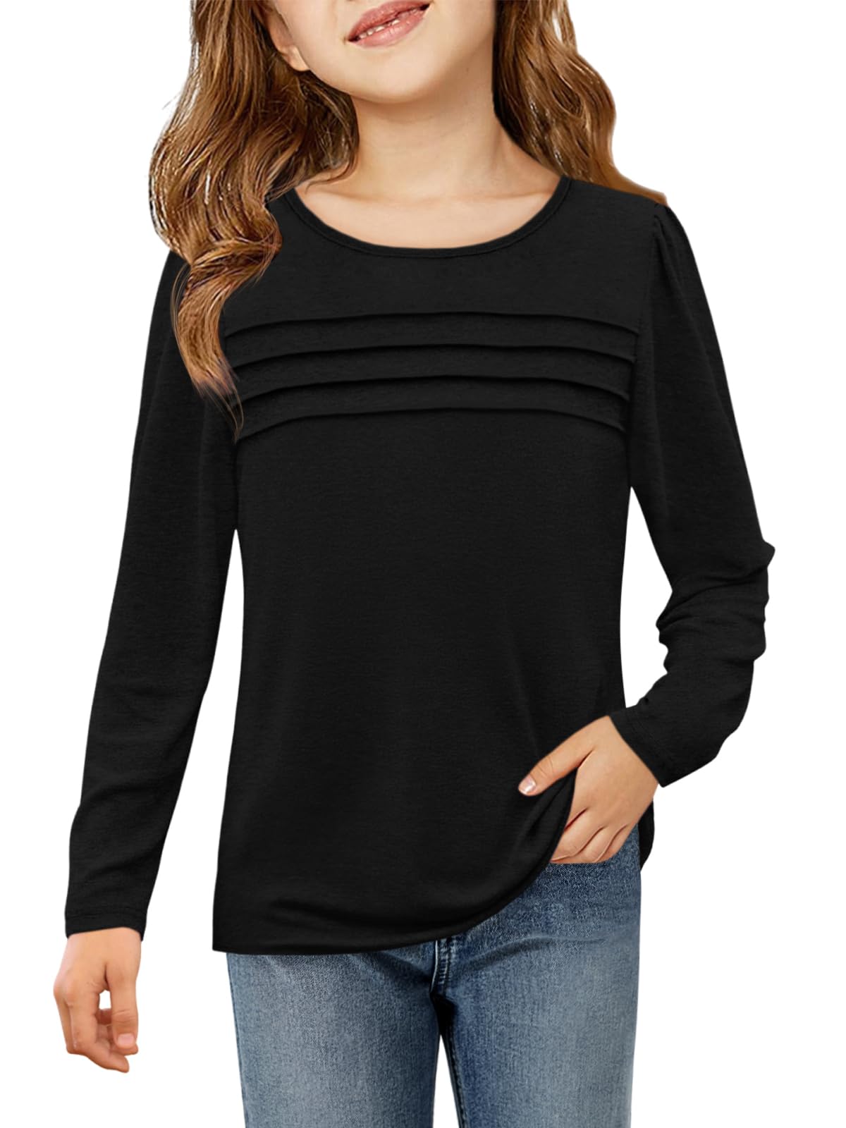 Haloumoning Girls Pleated Front Long Sleeve Shirts Kids Puffed Soft Cute Casual Crewneck T Shirts Tops 5-14 Years Black