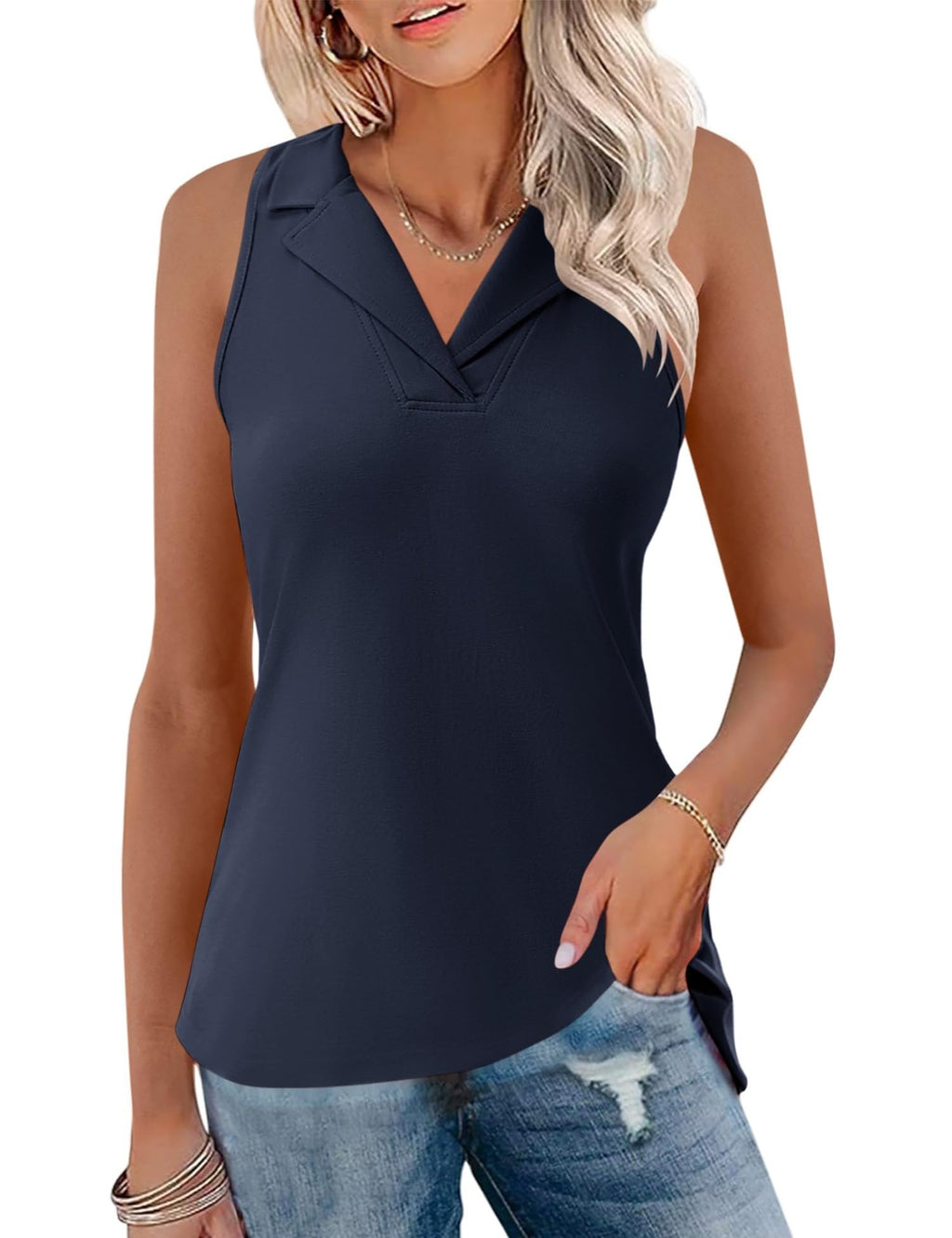 LUYAA Athletic Sleeveless Golf Shirt V-Neck Tennis Tank Tops Collared Relaxed Fit Polo Shirts for Women (Navy Blue XL)
